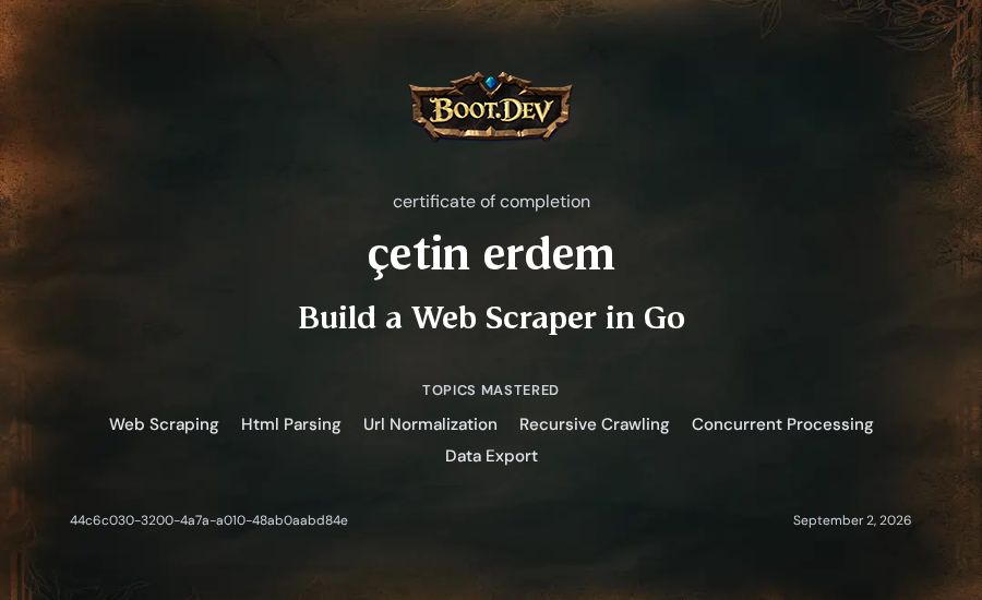 çetin erdem's Boot.dev Build a Web Scraper in Go certificate
