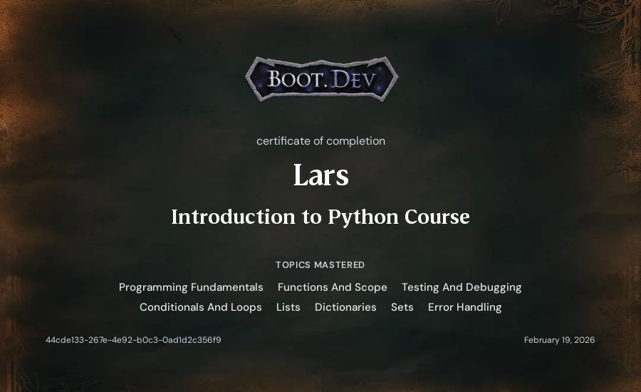 Lars's Boot.dev Introduction to Python Course certificate