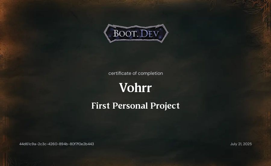 Vohrr's Boot.dev First Personal Project certificate