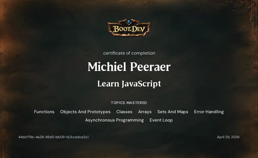 Michiel Peeraer's Boot.dev Learn JavaScript certificate