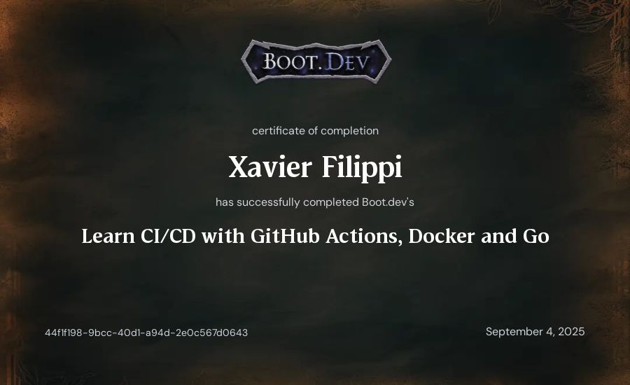 Xavier Filippi's Boot.dev Learn CI/CD with GitHub Actions, Docker and Go certificate