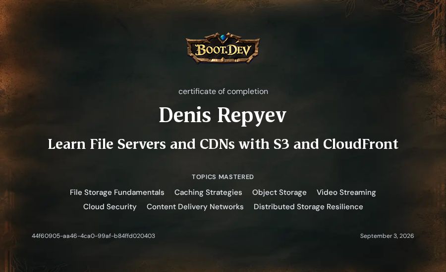 Denis Repyev's Boot.dev Learn File Servers and CDNs with S3 and CloudFront certificate