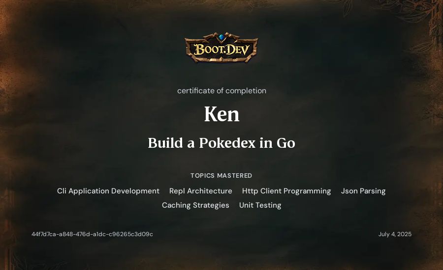 Ken's Boot.dev Build a Pokedex in Go certificate