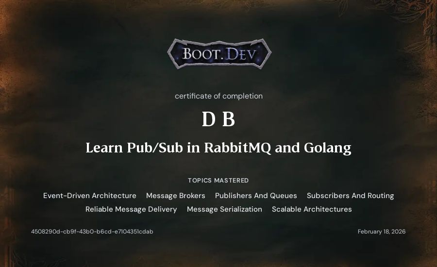 D B's Boot.dev Learn Pub/Sub in RabbitMQ and Go certificate