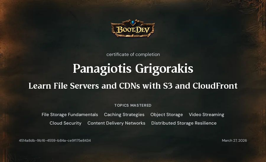 Panagiotis Grigorakis's Boot.dev Learn File Servers and CDNs with S3 and CloudFront certificate