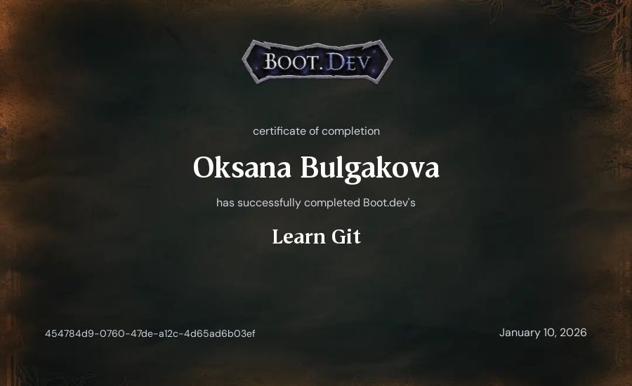 Oksana Bulgakova's Boot.dev Learn Git certificate