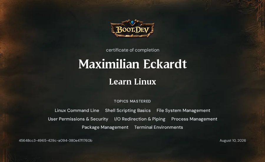 Maximilian Eckardt's Boot.dev Learn Linux certificate