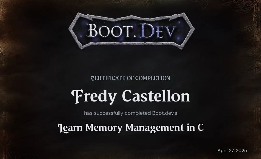 Fredy Castellon's Boot.dev Learn Memory Management in C certificate