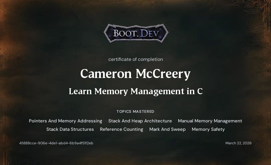 Cameron McCreery's Boot.dev Learn Memory Management in C certificate