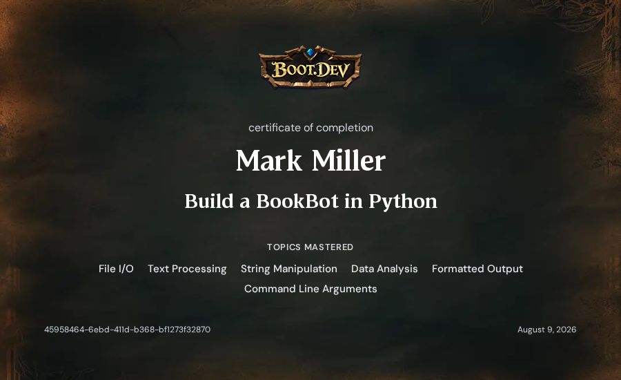 Mark Miller's Boot.dev Build a BookBot in Python certificate