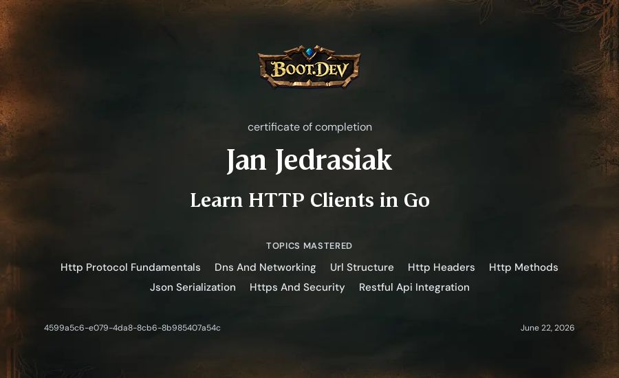 Jan Jedrasiak's Boot.dev Learn HTTP Clients in Go certificate