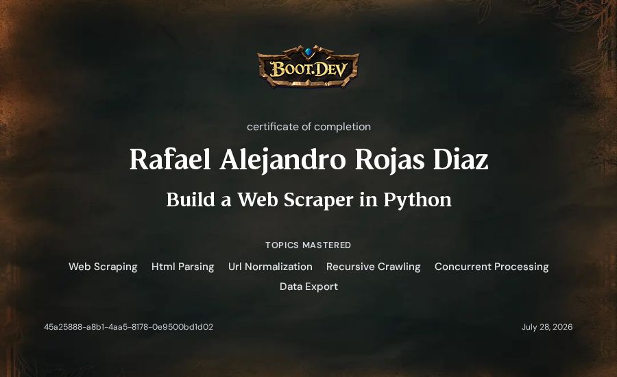 Rafael Alejandro Rojas Diaz's Boot.dev Build a Web Scraper in Python certificate