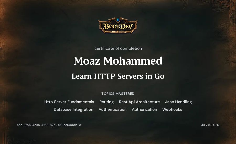 Moaz Mohammed's Boot.dev Learn HTTP Servers in Go certificate