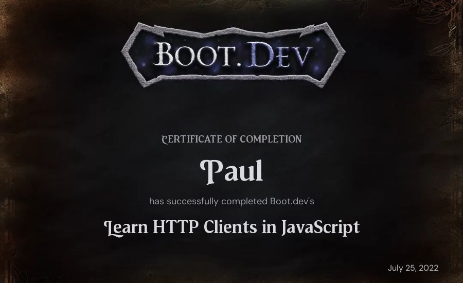 Paul's Boot.dev Learn HTTP Clients in TypeScript certificate