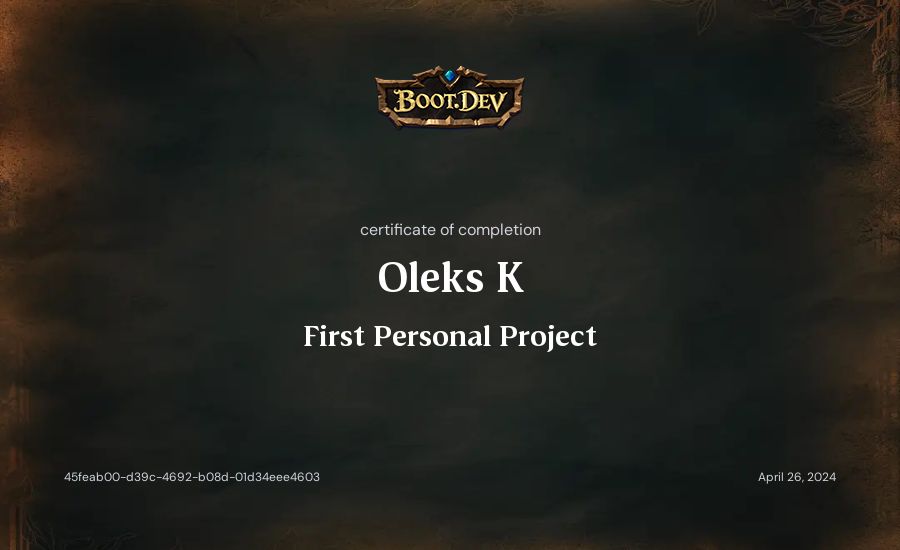 Oleks K's Boot.dev First Personal Project certificate