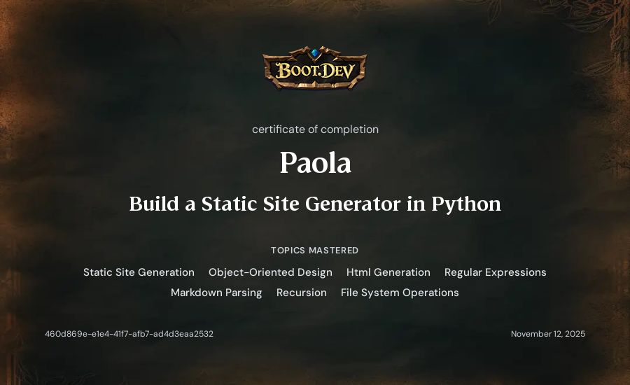 Paola's Boot.dev Build a Static Site Generator in Python certificate