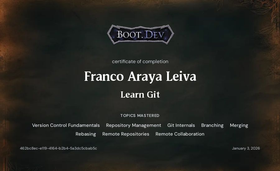 Franco Araya Leiva's Boot.dev Learn Git certificate