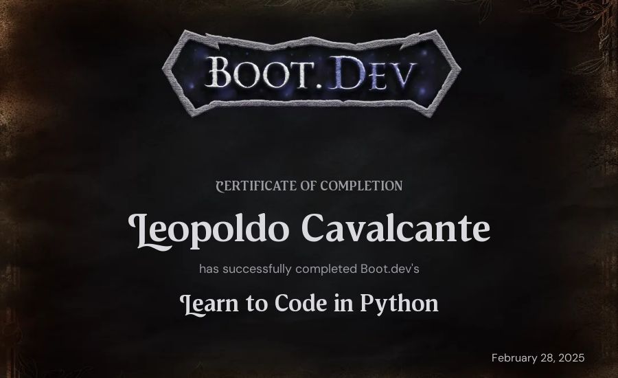 Leopoldo Cavalcante's Boot.dev Introduction to Python Course certificate