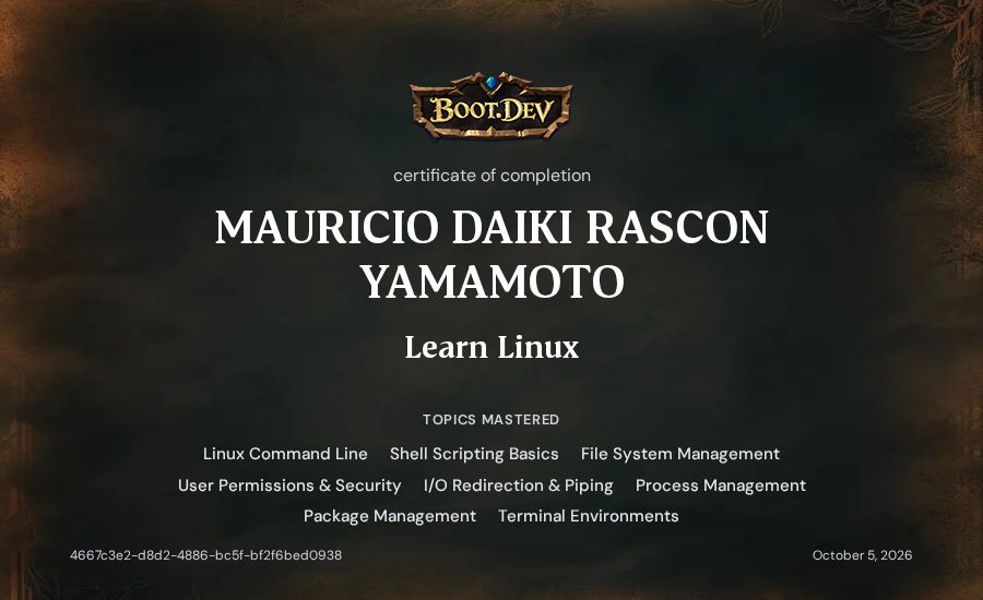 MAURICIO DAIKI RASCON YAMAMOTO's Boot.dev Learn Linux certificate