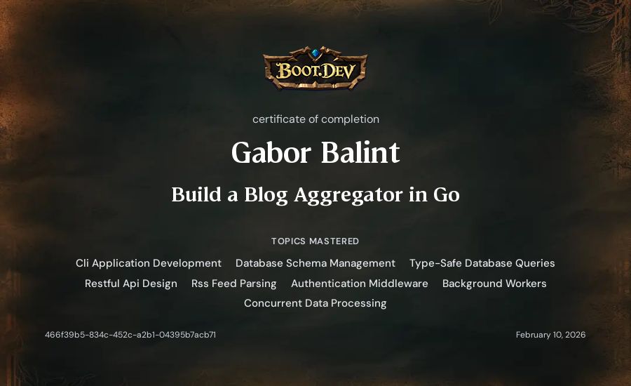 Gabor Balint's Boot.dev Build a Blog Aggregator in Go certificate