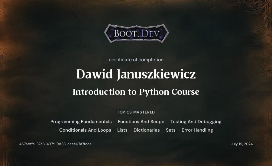 Dawid Januszkiewicz's Boot.dev Introduction to Python Course certificate
