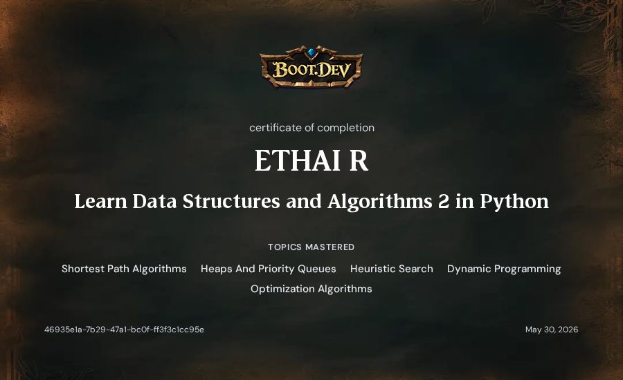 Ethai Reubinoff's Boot.dev Learn Data Structures and Algorithms 2 in Python certificate