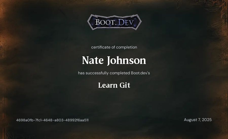 Nate Johnson's Boot.dev Learn Git certificate