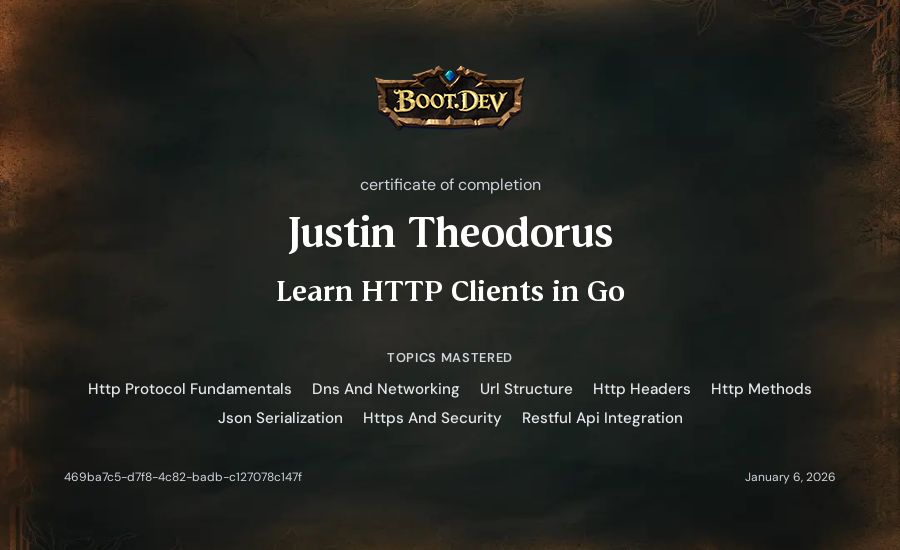 Justin Theodorus's Boot.dev Learn HTTP Clients in Go certificate