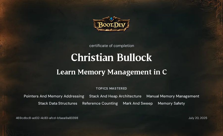 Christian Bullock's Boot.dev Learn Memory Management in C certificate