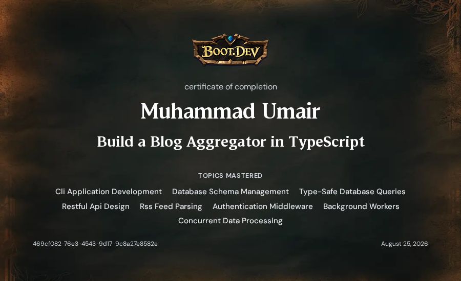 Muhammad Umair's Boot.dev Build a Blog Aggregator in TypeScript certificate