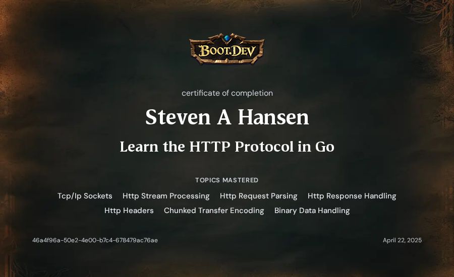duckshed's Boot.dev Learn the HTTP Protocol in Go certificate