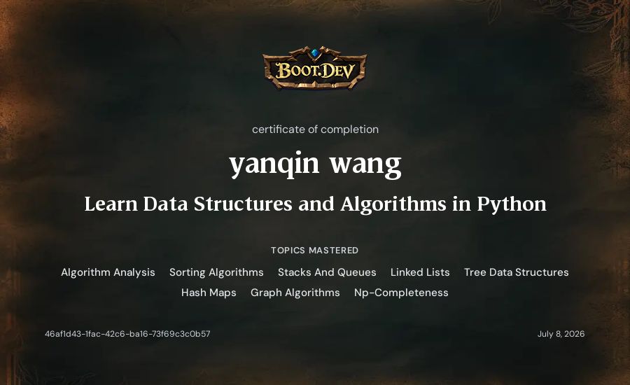 yanqin wang's Boot.dev Learn Data Structures and Algorithms in Python certificate