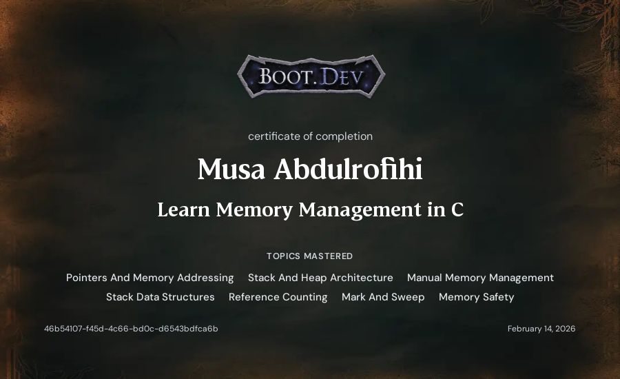 Musa Abdulrofihi's Boot.dev Learn Memory Management in C certificate