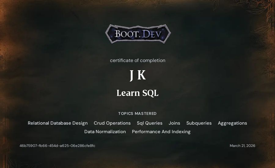 J K's Boot.dev Learn SQL certificate