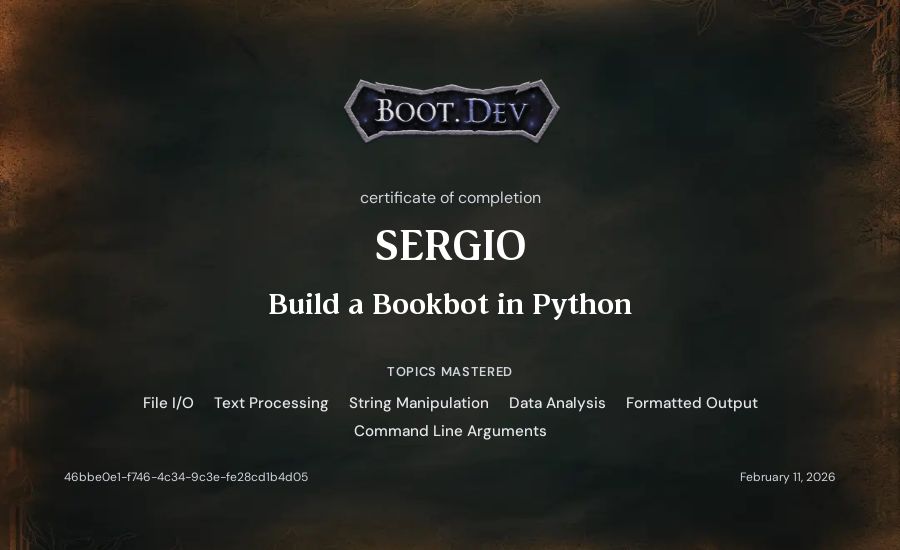 SERGIO's Boot.dev Build a Bookbot in Python certificate