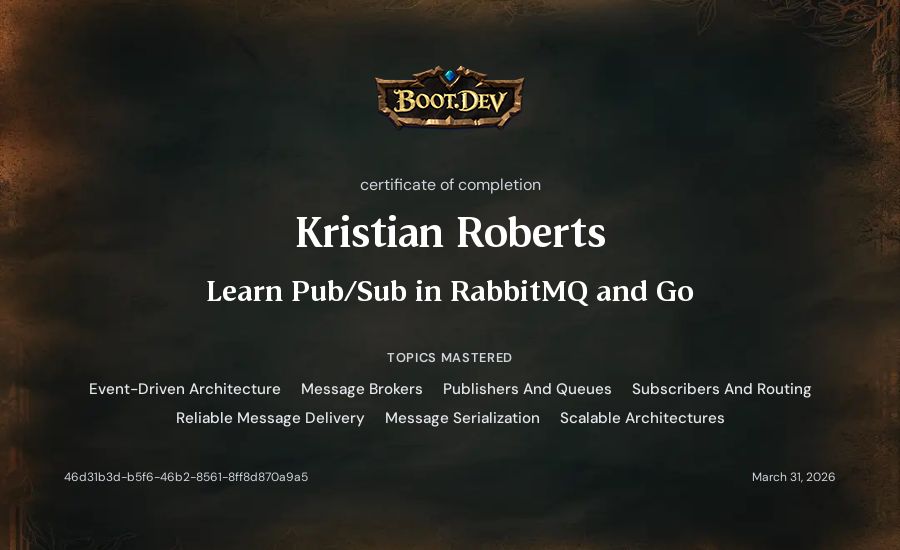 Kristian Roberts's Boot.dev Learn Pub/Sub in RabbitMQ and Go certificate