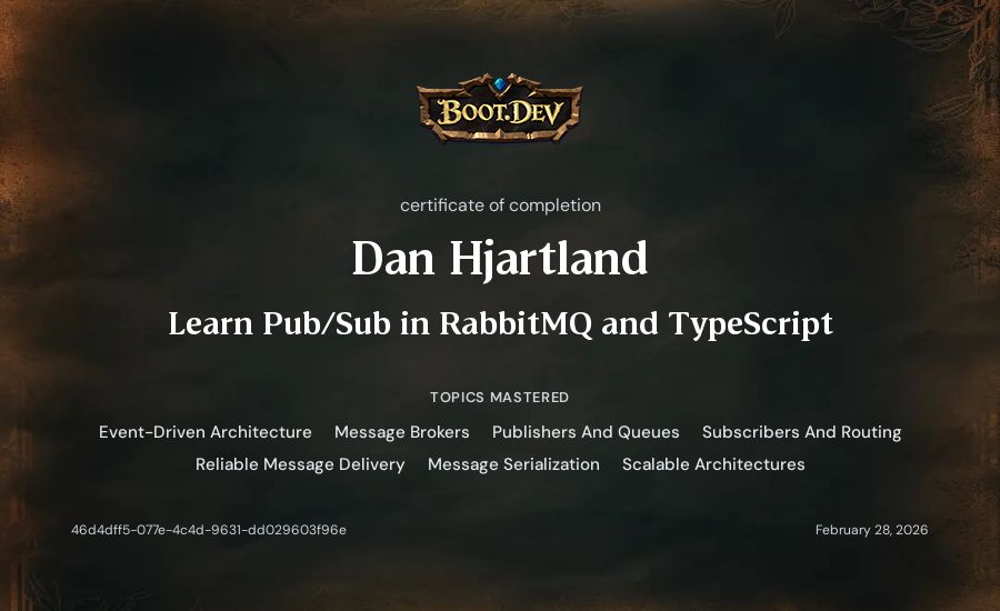 Dan Hjartland's Boot.dev Learn Pub/Sub in RabbitMQ and TypeScript certificate