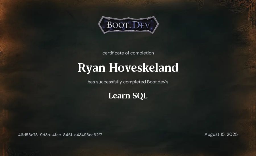 Ryan Hoveskeland's Boot.dev Learn SQL certificate