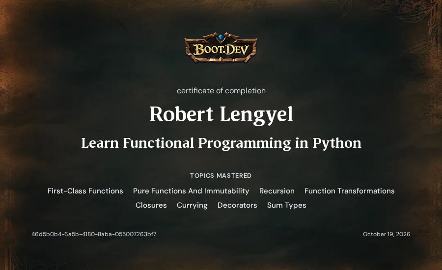 Robert Lengyel's Boot.dev Learn Functional Programming in Python certificate