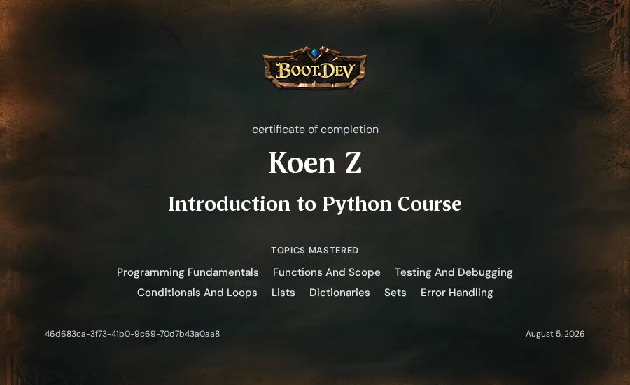 Koen Z's Boot.dev Introduction to Python Course certificate