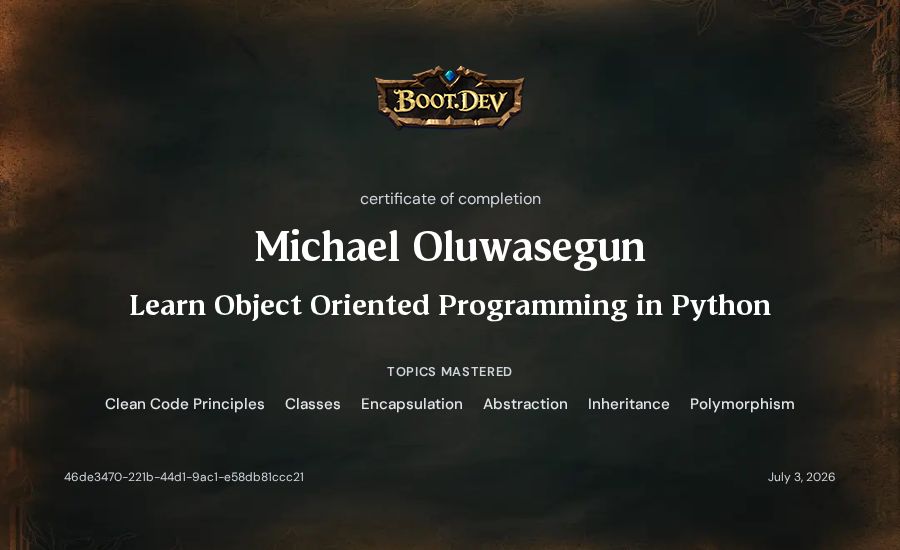 Michael Oluwasegun's Boot.dev Learn Object Oriented Programming in Python certificate