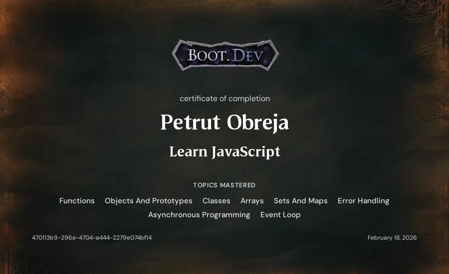 Petrut Obreja's Boot.dev Learn JavaScript certificate
