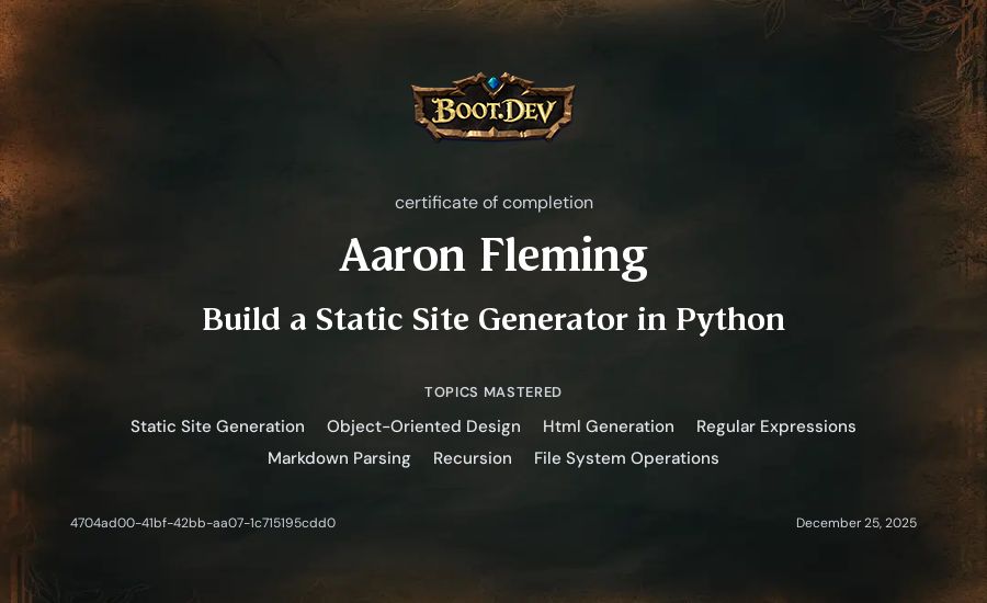 Aaron Fleming's Boot.dev Build a Static Site Generator in Python certificate