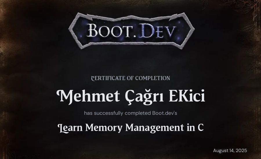 Mehmet Çağrı Ekici's Boot.dev Learn Memory Management in C certificate