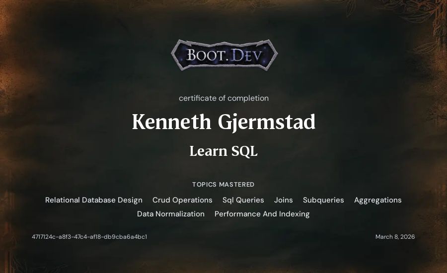 Kenneth Gjermstad's Boot.dev Learn SQL certificate