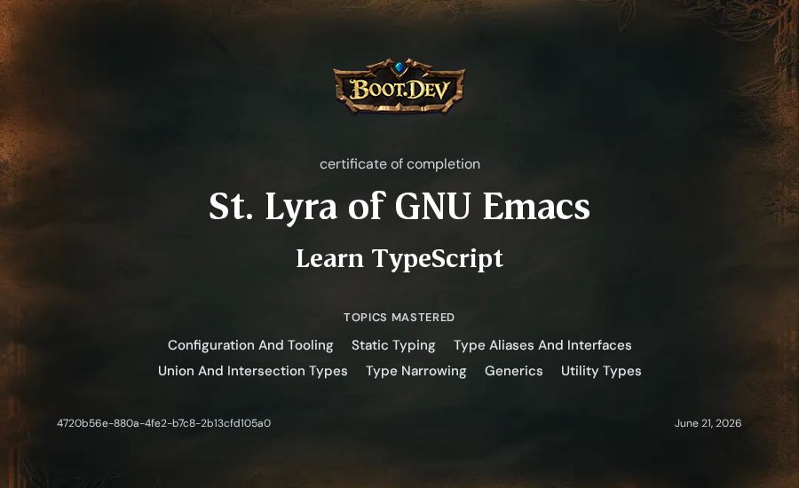 St. Lyra of GNU Emacs's Boot.dev Learn TypeScript certificate
