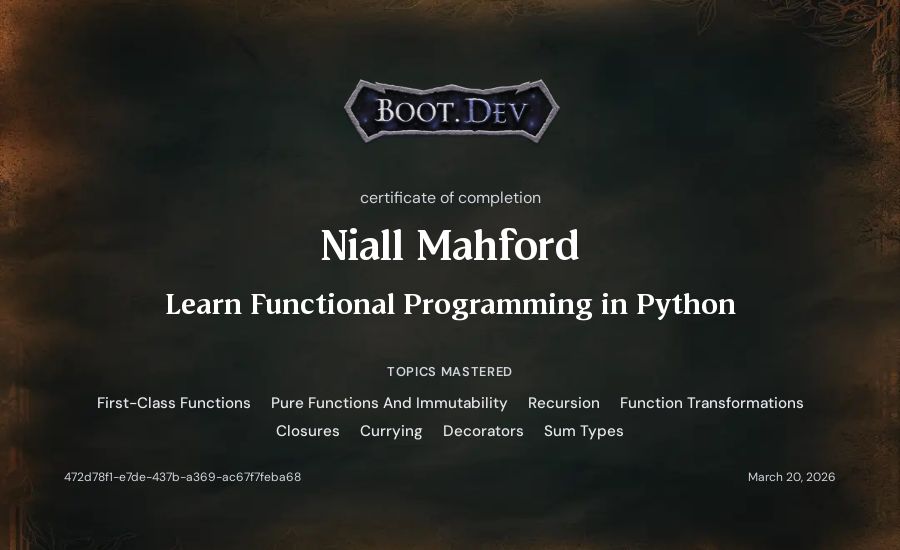 Niall Mahford's Boot.dev Learn Functional Programming in Python certificate