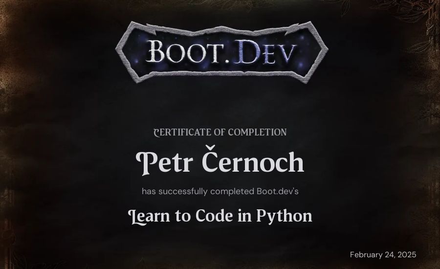 Petr Athanasios Szőllősy's Boot.dev Introduction to Python Course certificate