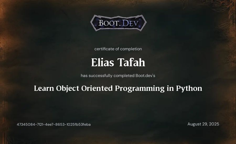 Elias Tafah's Boot.dev Learn Object Oriented Programming in Python certificate