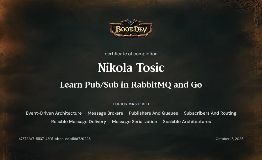 Nikola Tosic's Boot.dev Learn Pub/Sub in RabbitMQ and Go certificate
